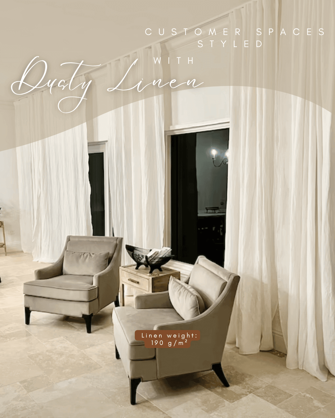 Set of 2 linen curtains (Density: 175 g/m2) in Cream color