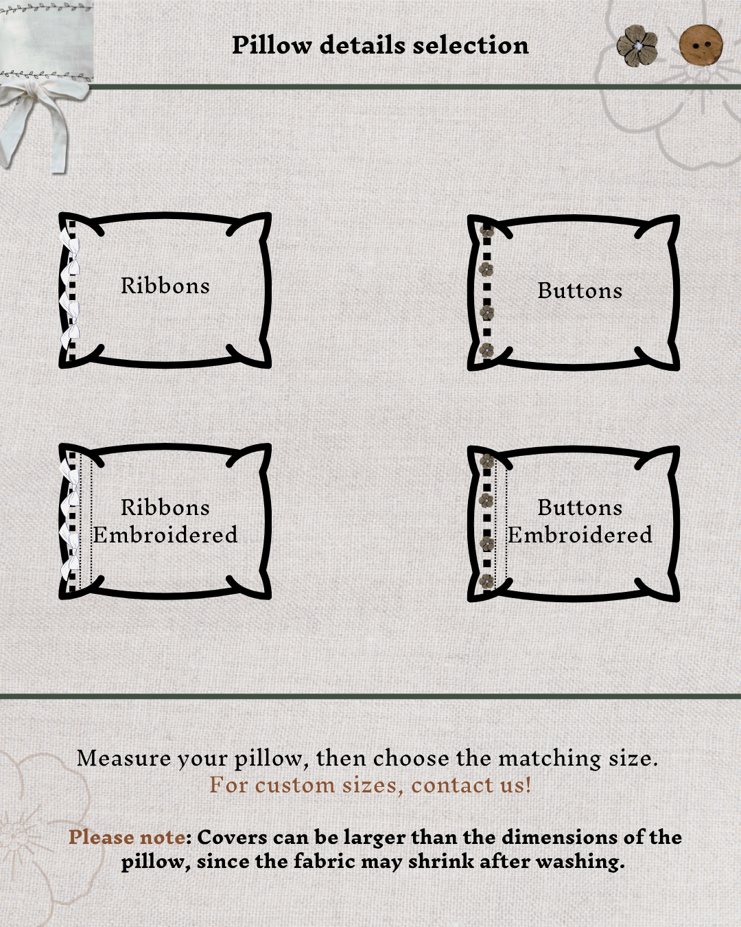 Size and finish selection for embroidered linen pillowcase — custom options
