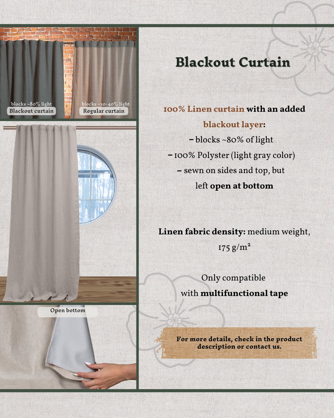 Blackout linen curtains in styled room, measuring guide