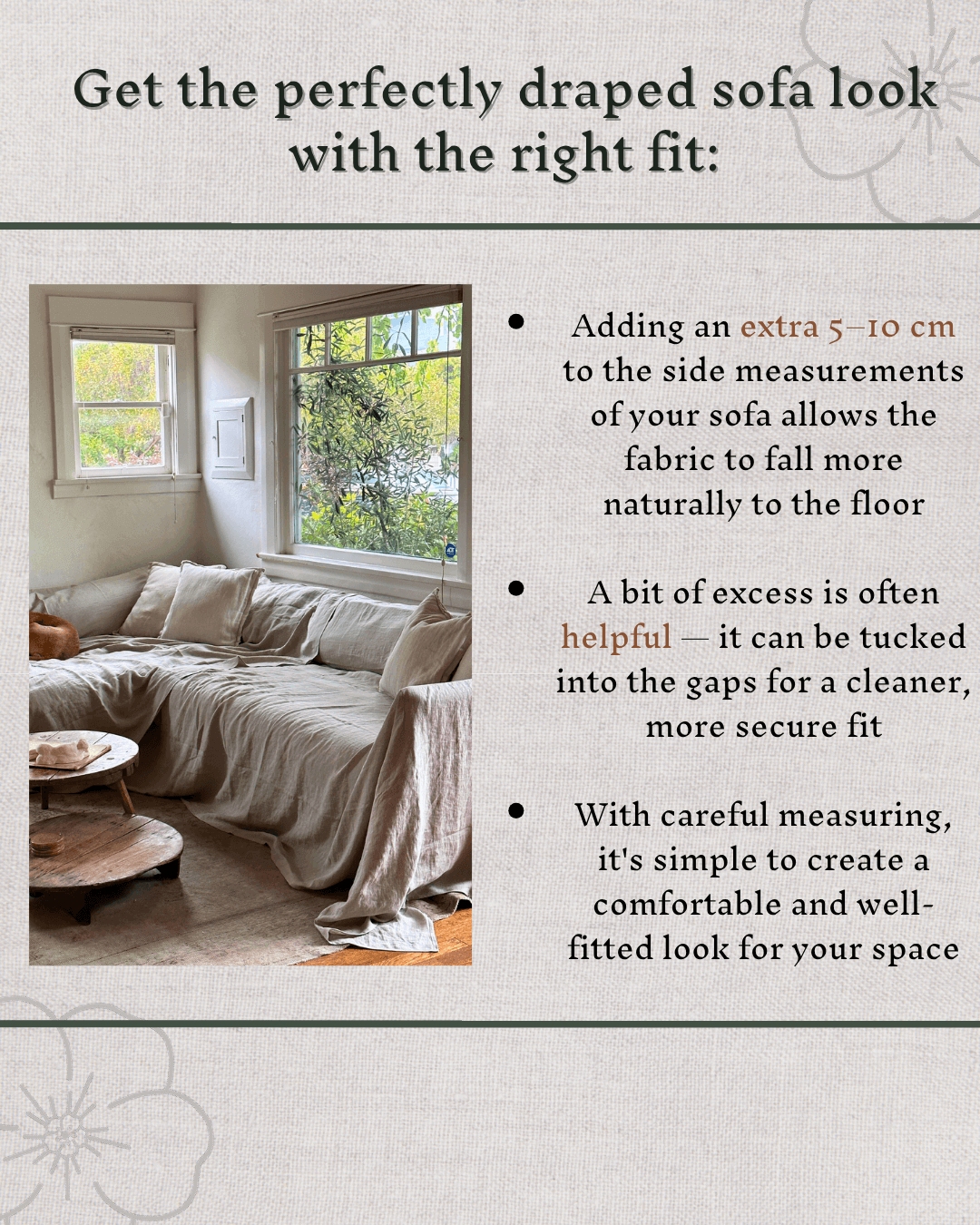 Seamless linen couch cover in Natural Light color (density 175 g/m2)