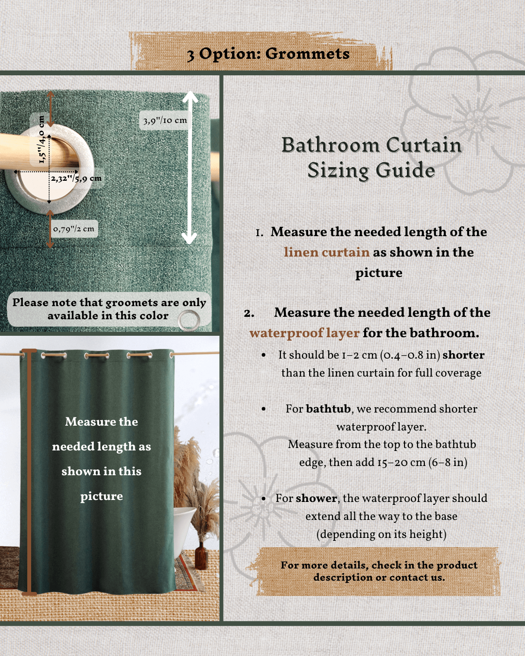 a bathroom curtain sizing guide with instructions