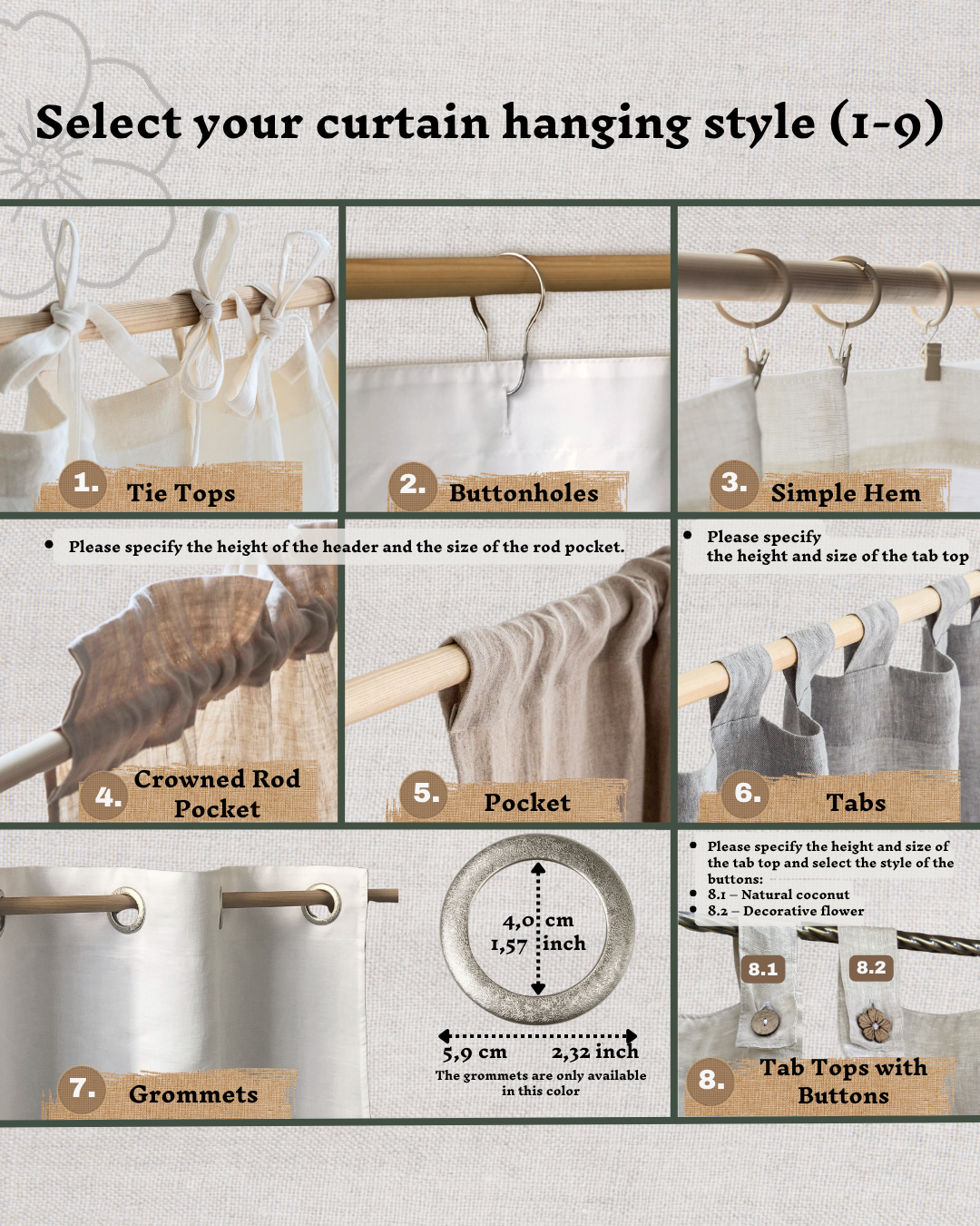 Set of 2 linen curtains (Density: 175 g/m2) in Cream color