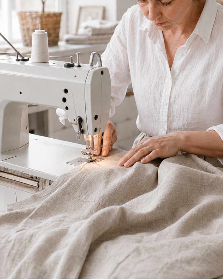 A woman in a white button-up shirt operates a white sewing machine, guiding a light beige linen fabric under the needle in a bright, styled craft room.
