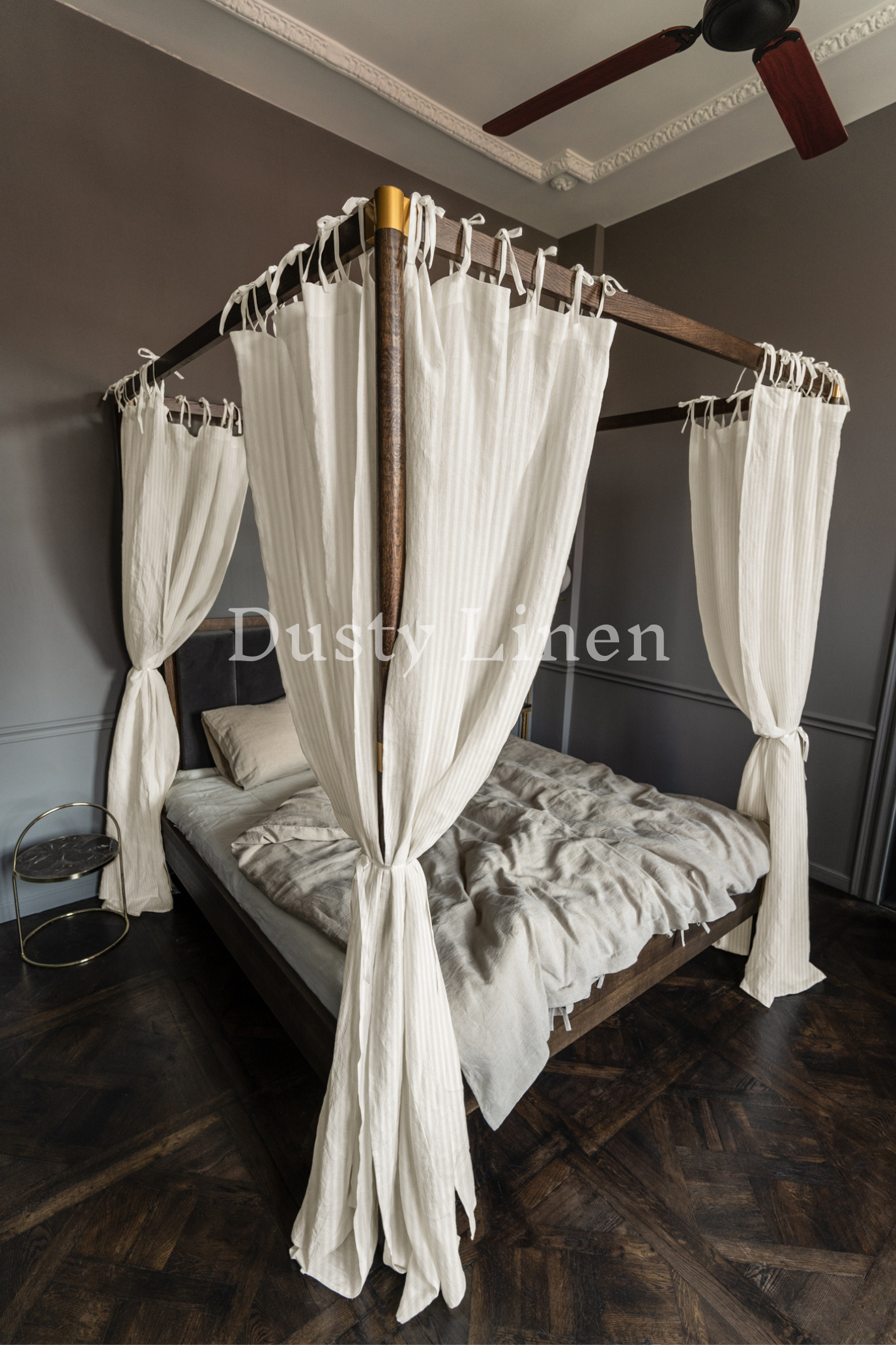 Striped Natural color a four poster bed with a canopy and curtains Dusty Linen