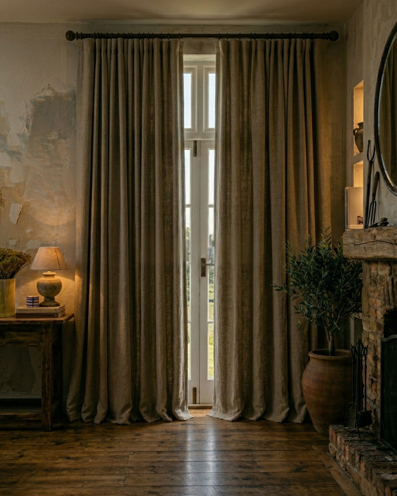 Blackout linen curtains in rustic interior with warm lighting