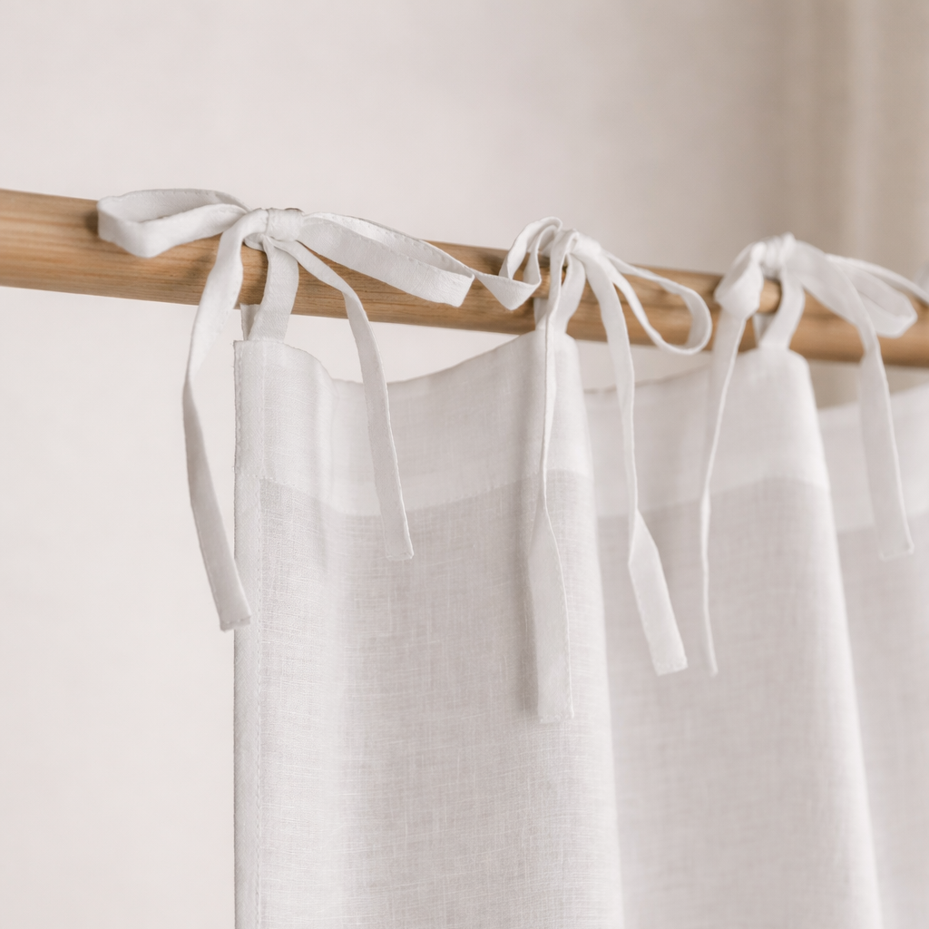 White linen curtain with wooden rod and ribbons on a light background