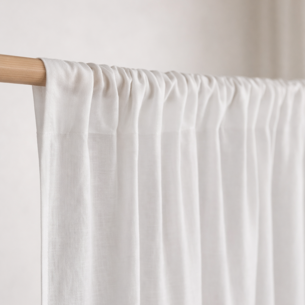 White linen fabric curtain draped over a wooden rod against a neutral background