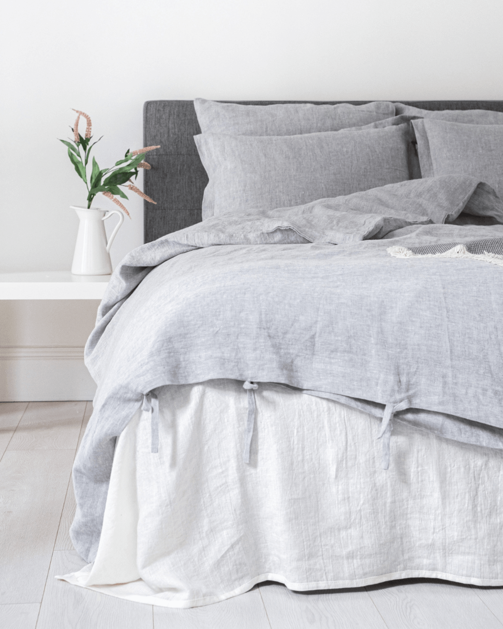 Minimalist linen bedding set in gray tone, EU, UK, US size, with white vase