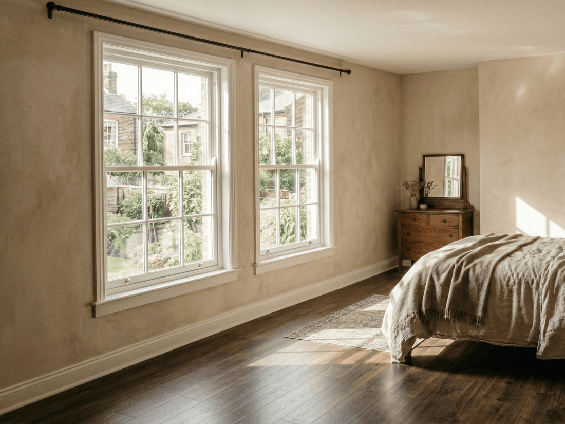 Bedroom window view before adding linen curtains