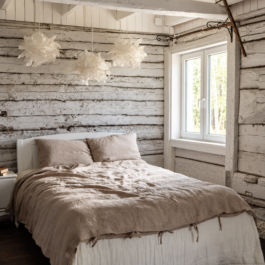A rustic bedroom with a bed dressed in beige and white linens, set against a whitewashed wood plank wall with exposed wooden ceiling beams. Three fluffy white pendant lights hang above the bed, and a window with white trim is on the right.