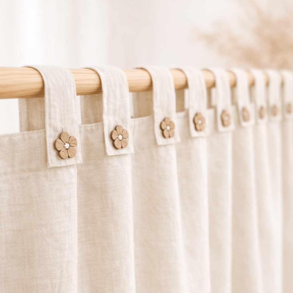 Beige linen tab top curtain with flower button details