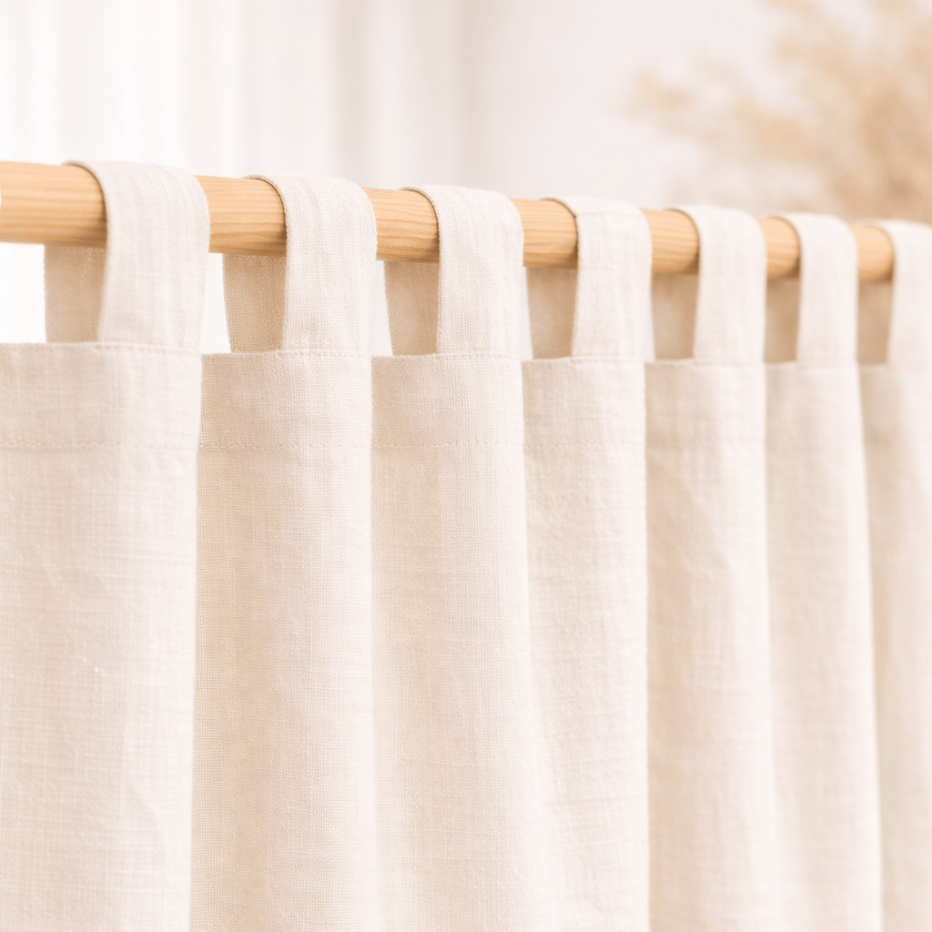 Beige linen curtain panel with tab top hanging style