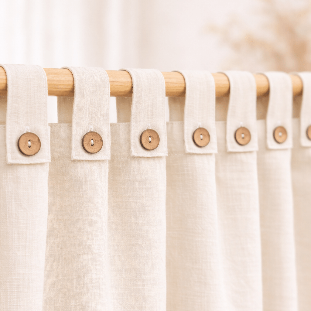 Beige linen tab top curtain with wooden button details