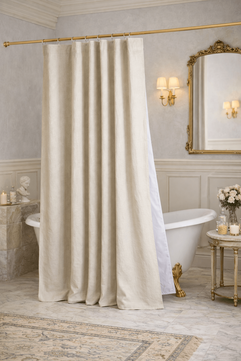 Beige waterproof linen shower curtain styled in a bright bathroom