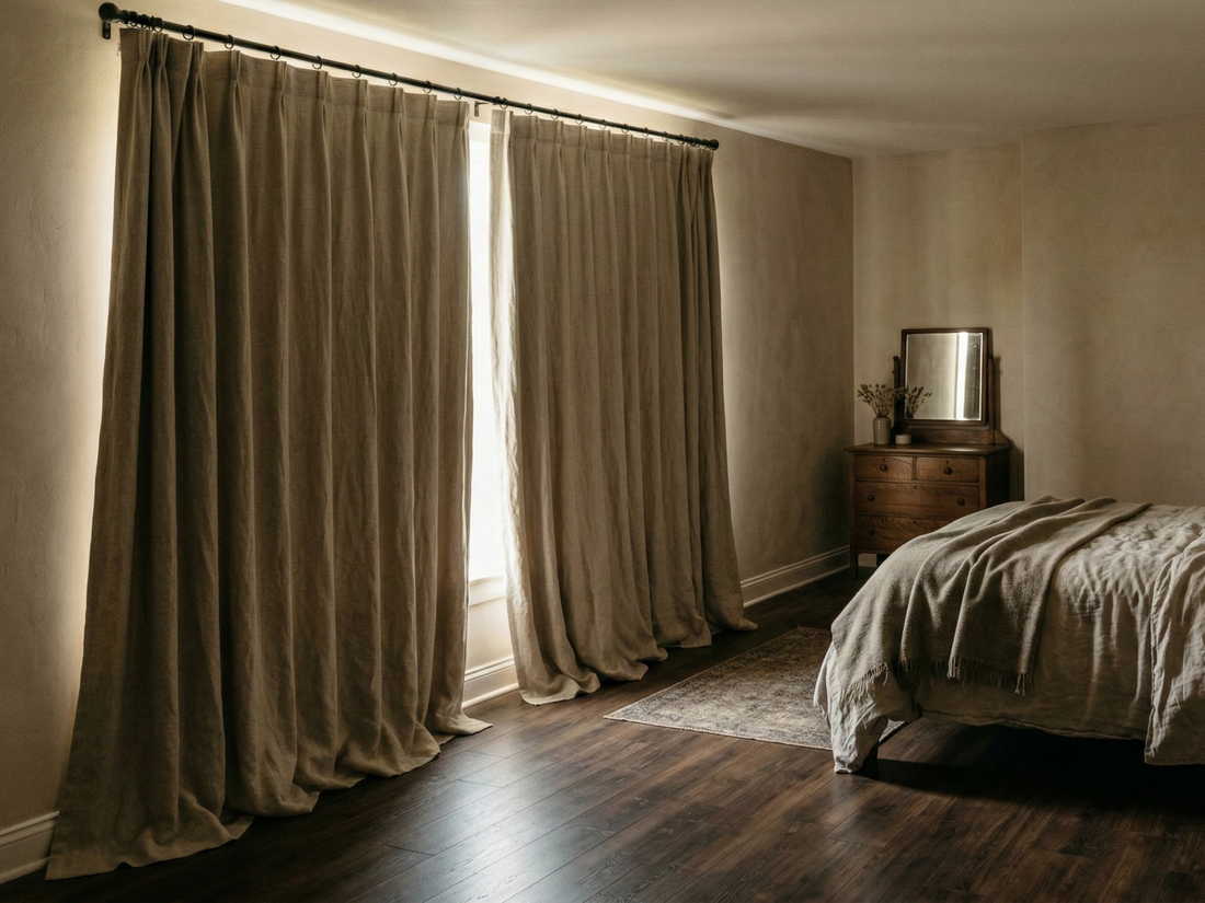 Blackout linen curtains styled in a moody bedroom interior
