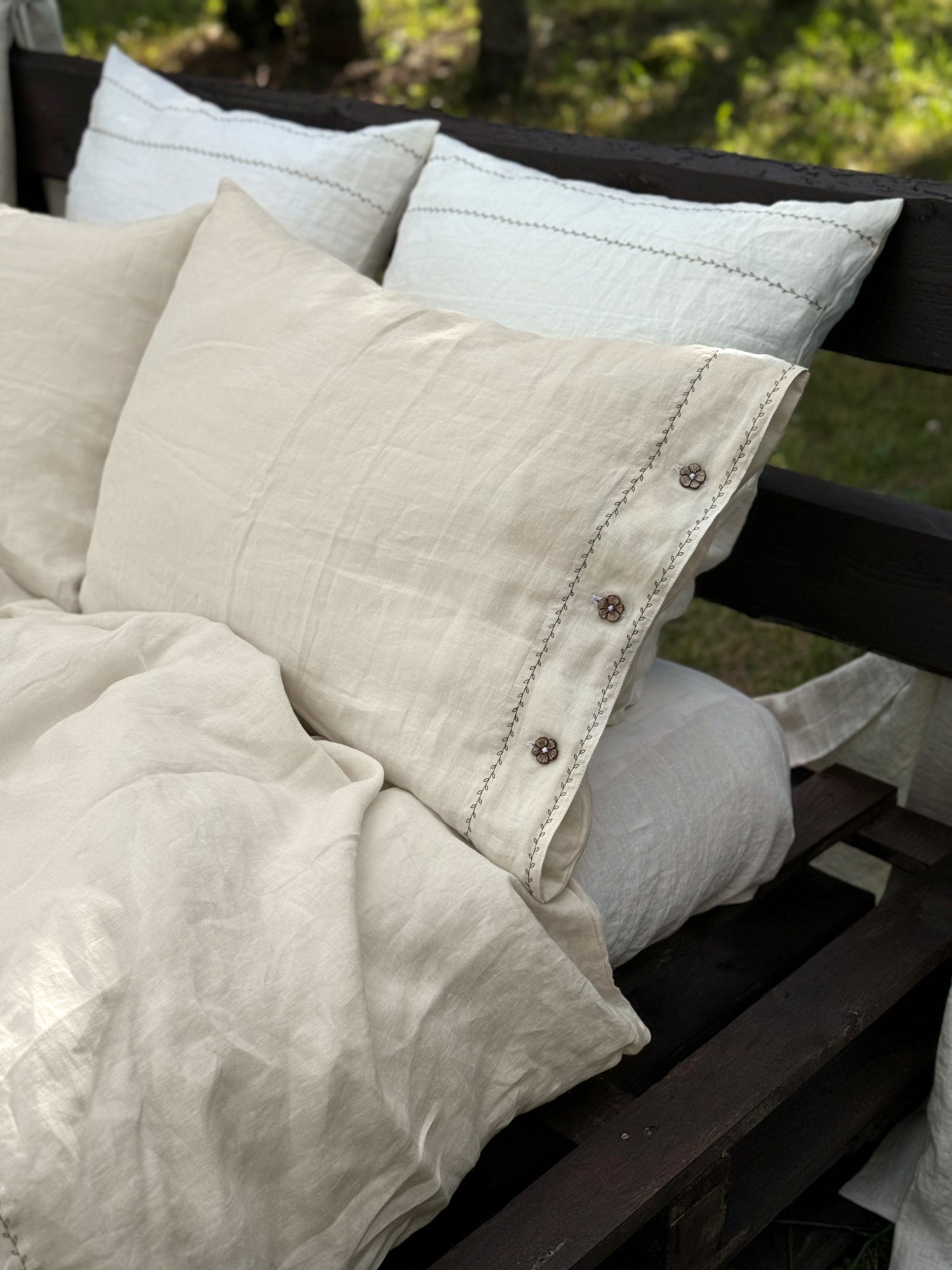 Black embroidered linen bedding set UK king size, full bed view
