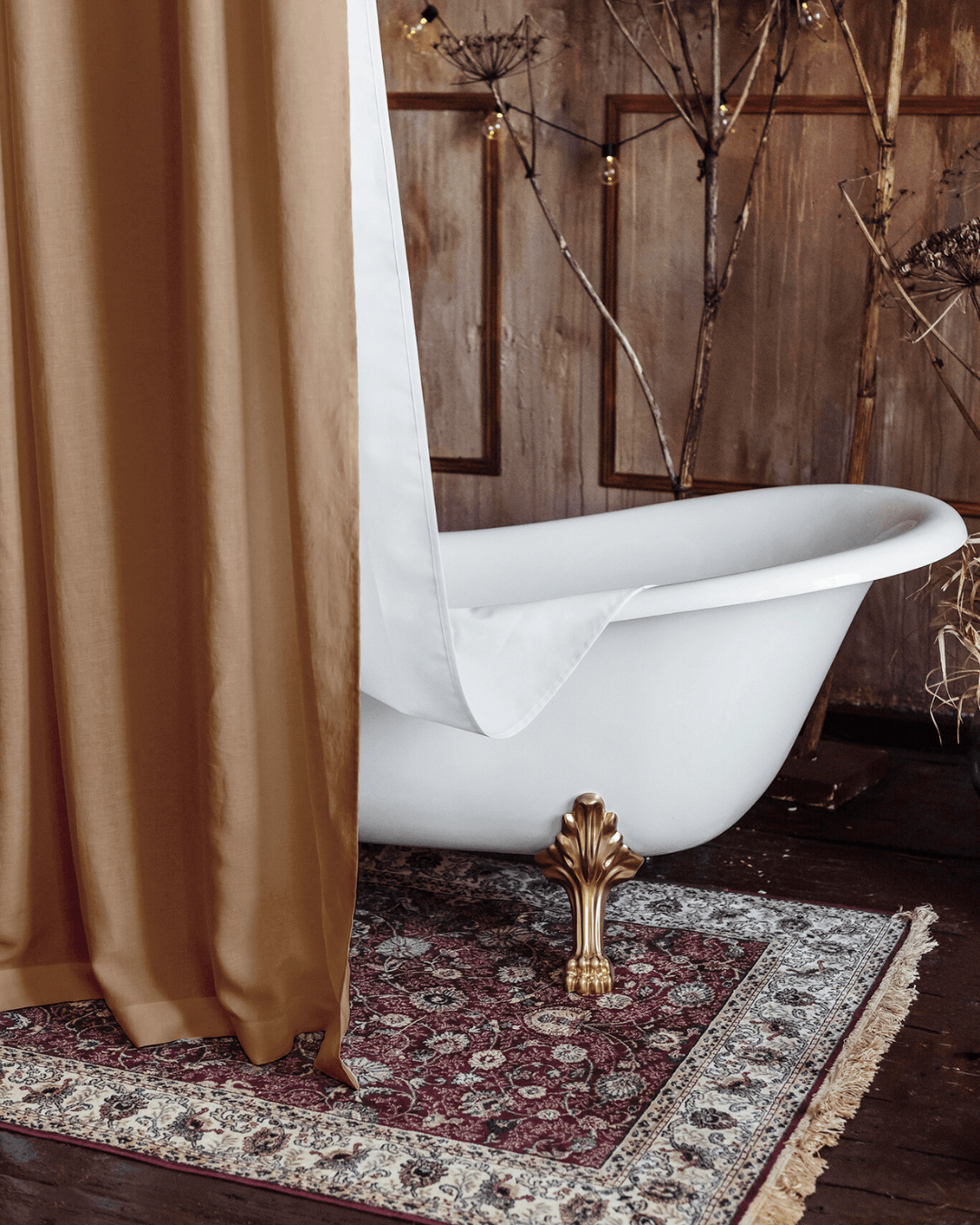 Camel brown waterproof shower curtain in styled bathroom interior