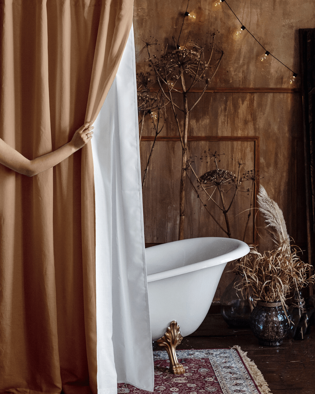 Camel brown waterproof shower curtain, full length panel view