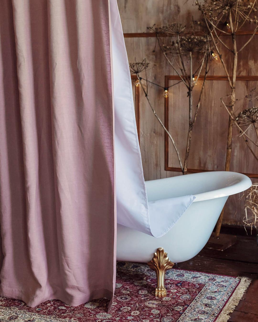 Barbie rose style a bathroom with a bathtub and a elegant linen shower curtain in Dusty Rose color.
