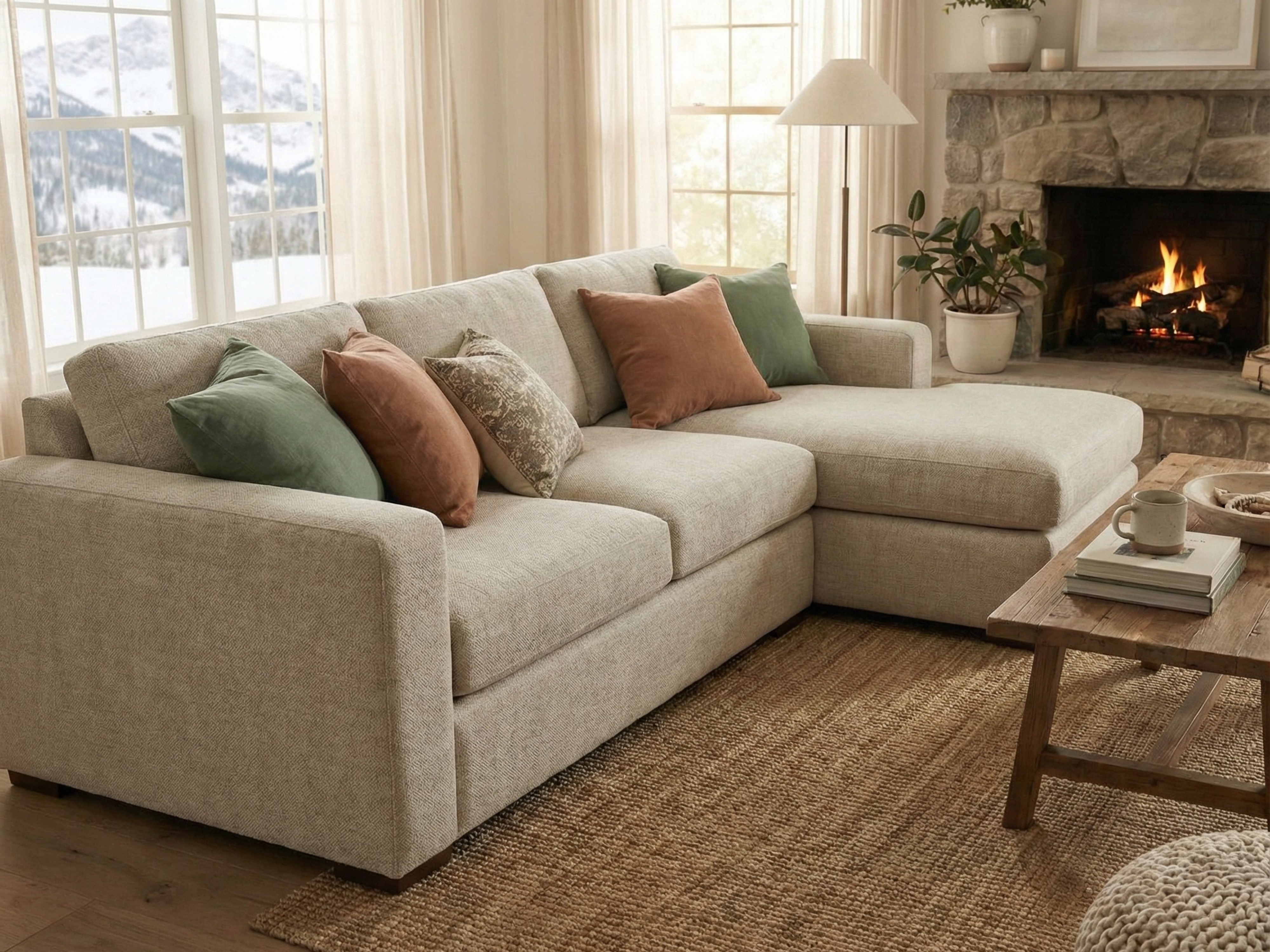 Cream linen couch cover styled on a sofa in a neutral living room