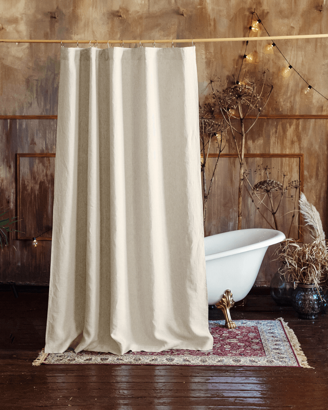 Waterproof cream linen shower curtain, front view, natural linen texture