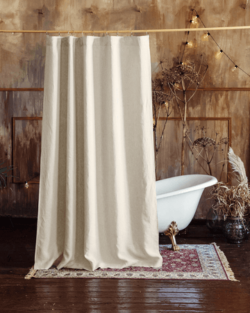 Waterproof cream linen shower curtain, front view, natural linen texture