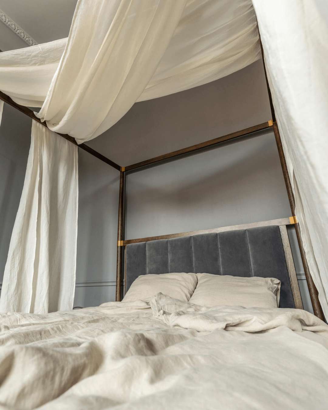 Linen canopy shawl draped over bed frame, full length scarf drape