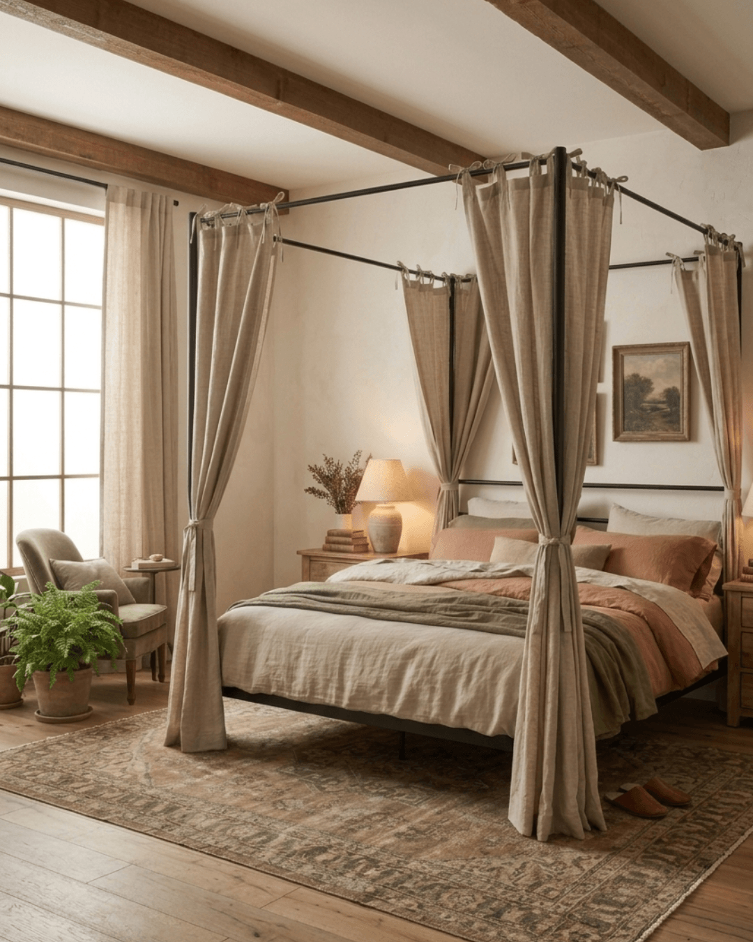 Custom linen curtains styled on a warm bedroom bed with neutral bedding, canopy frame, and soft daylight.