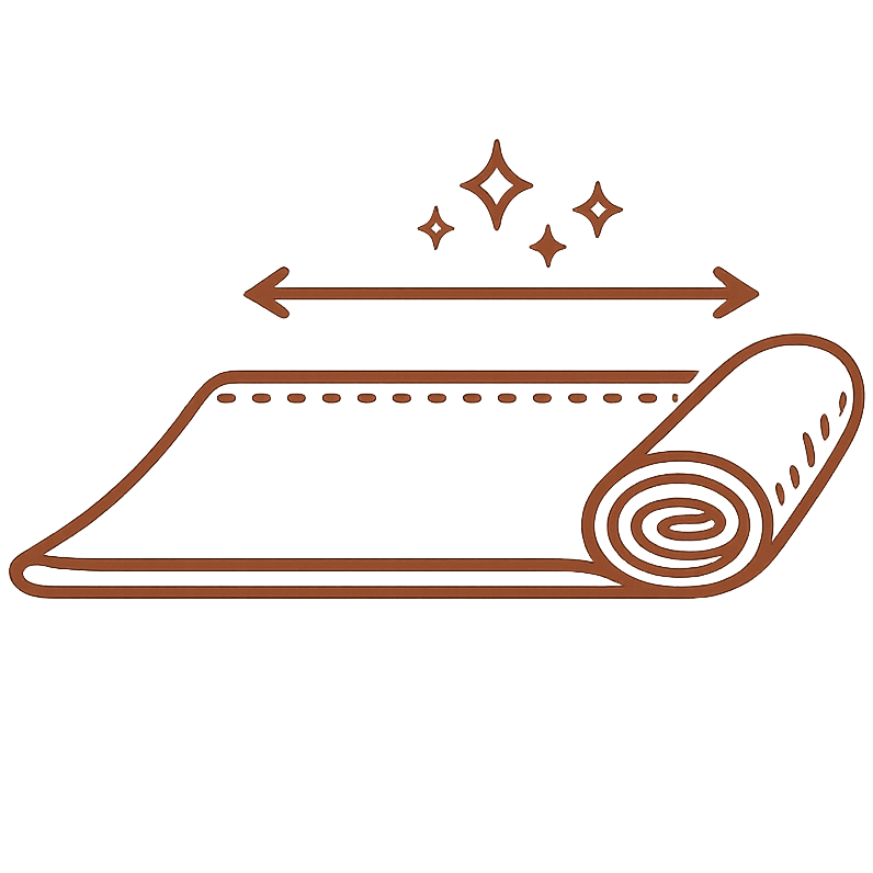 Line icon showing a fabric roll with measurement arrows for custom wide linen width