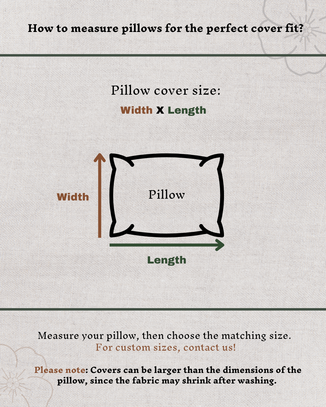 Measuring guide for minimalist linen pillowcase — width, height and depth diagram