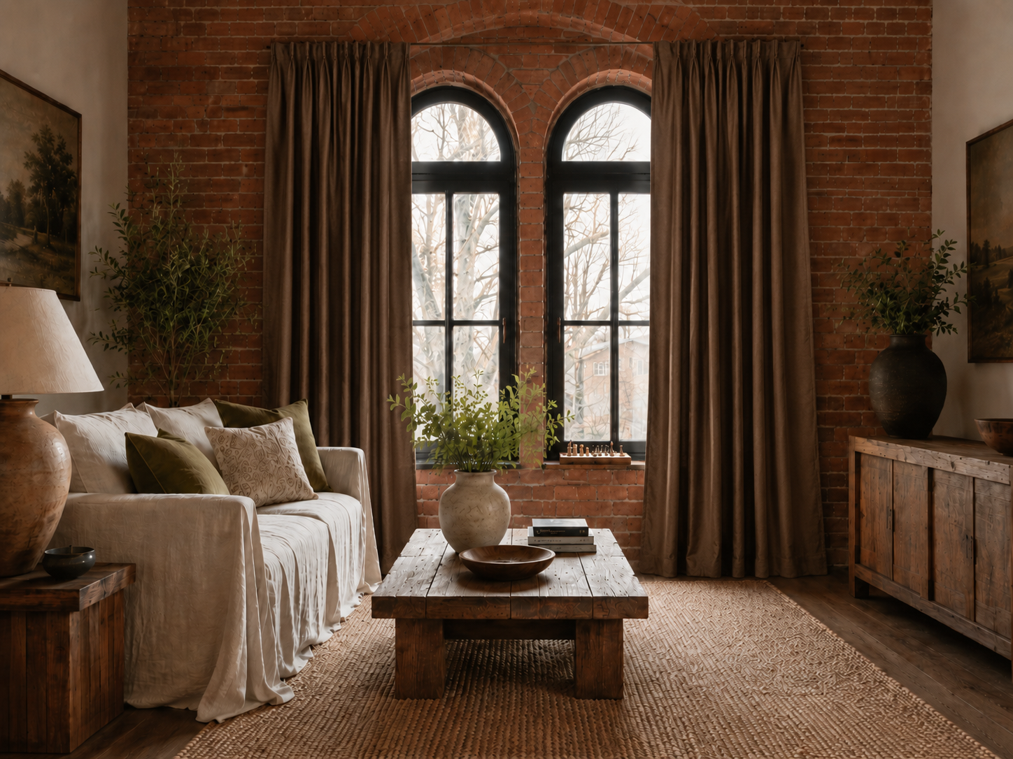 Dark linen curtains styled in a warm neutral living room interior