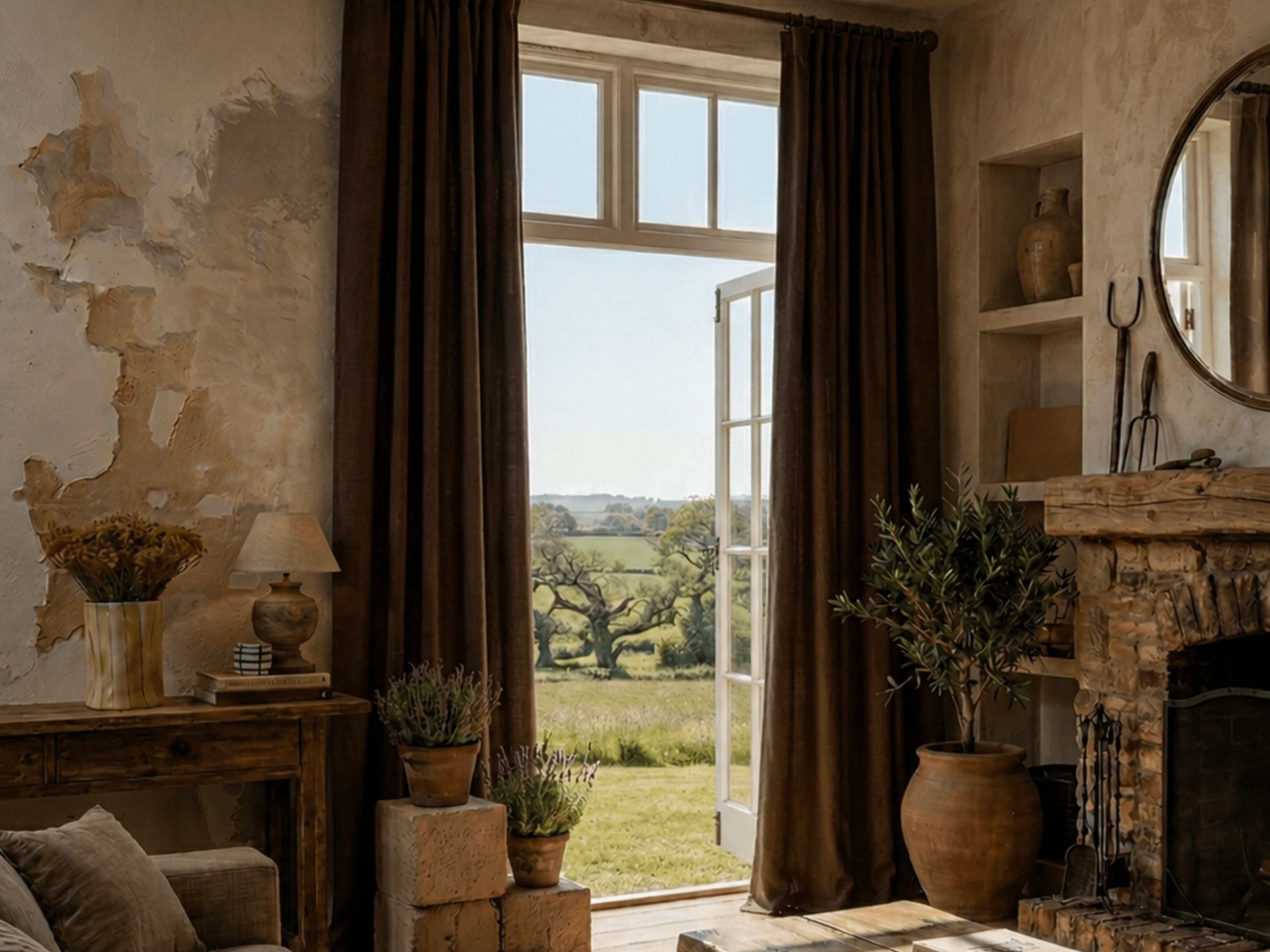Dark suede curtains beside a living room window, adding a heavier moody texture to the interior.