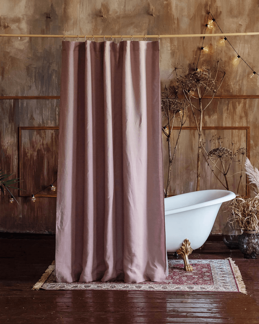 Dusty rose weighted shower curtain feel in linen, front view