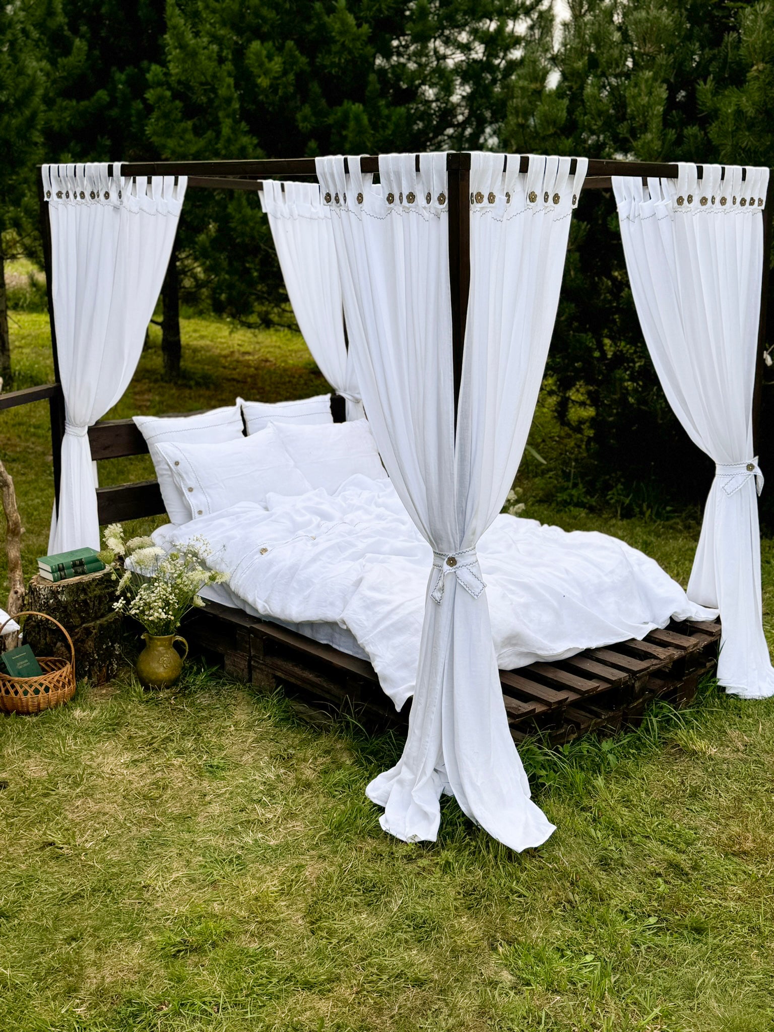 Black embroidered linen bedding set styled on bed, EU, UK, US size