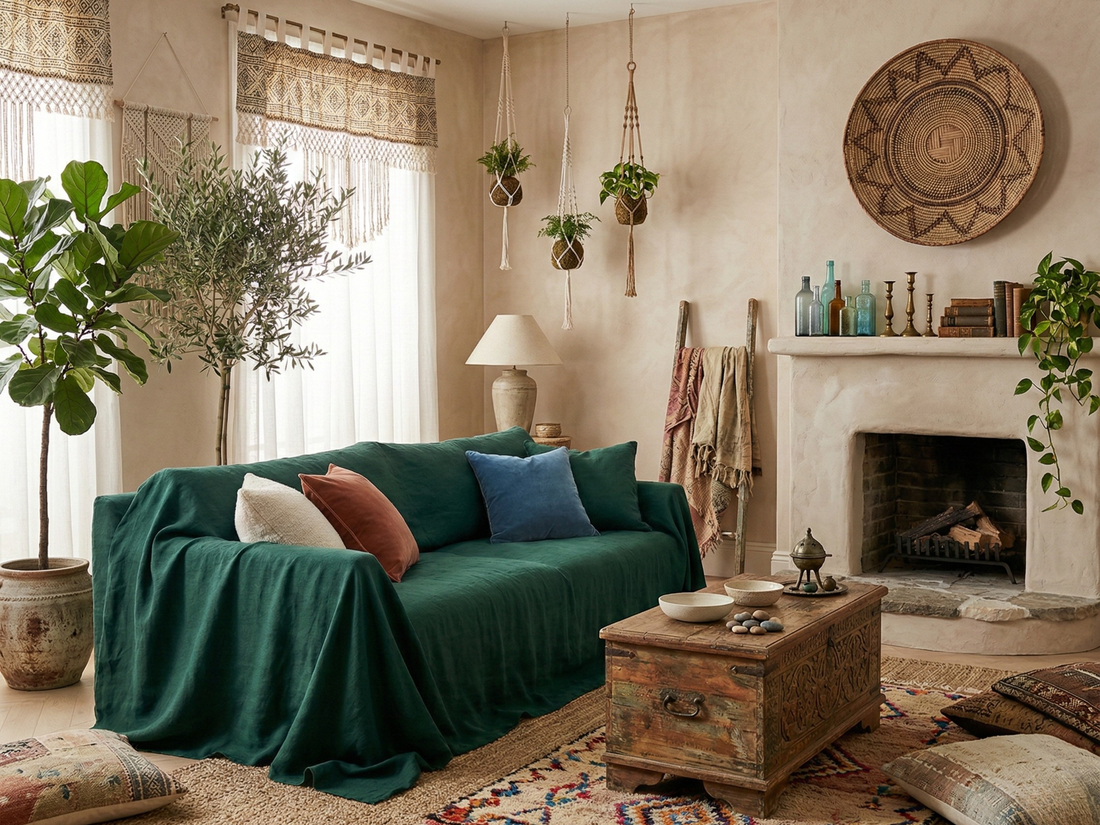 Emerald green linen couch cover styled in a warm living room