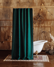 Emerald green extra long shower curtain in linen, front view