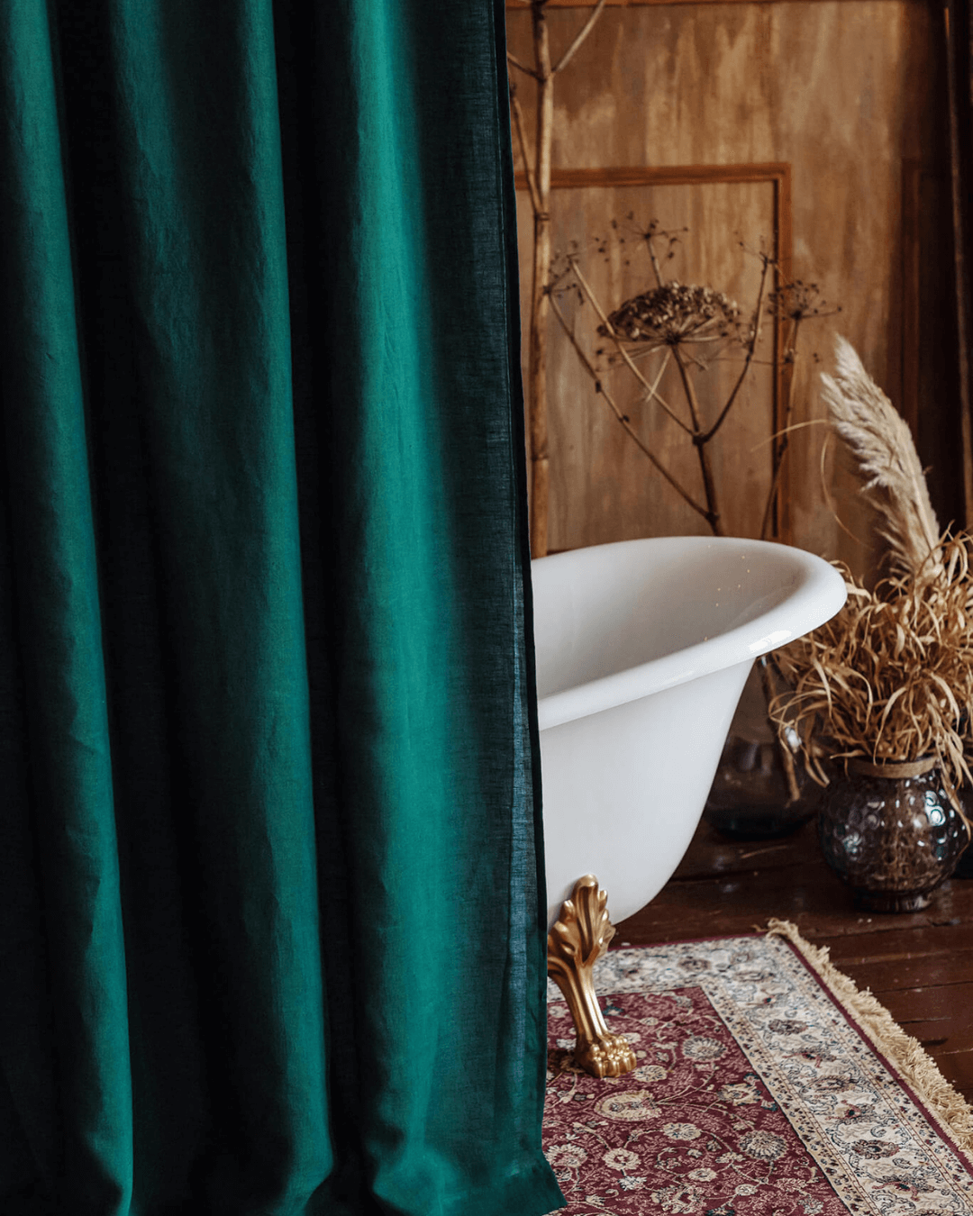 Extra long shower curtain in Emerald Green linen, rustic bathroom interior