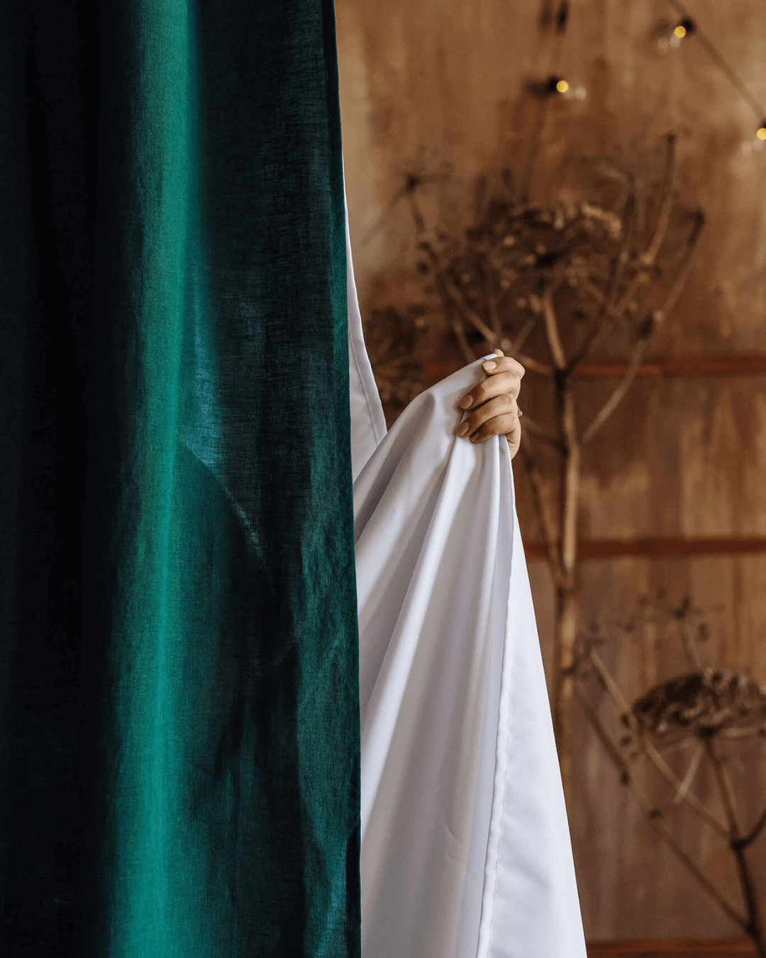 Emerald green waterproof linen shower curtain, full length panel view