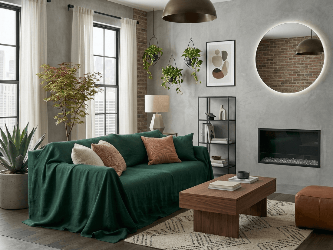 Emerald green linen couch slipcover in a styled home interior