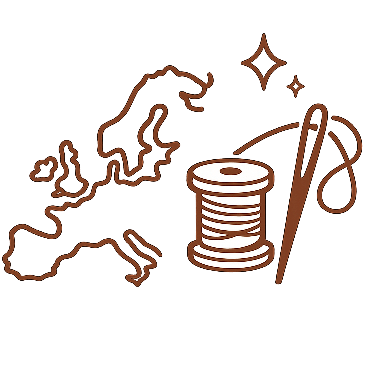 Line icon with Europe map, thread spool, and sewing needle representing European linen craftsmanship