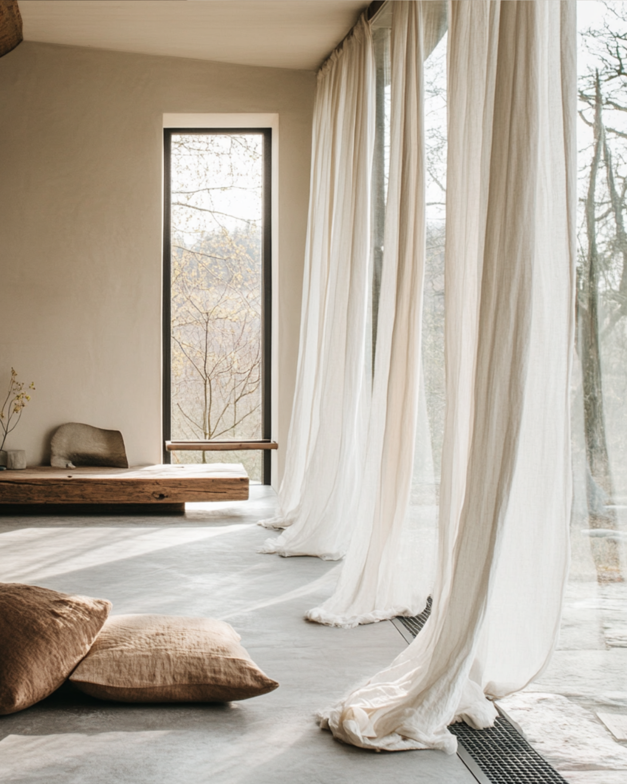 Extra long linen curtains draping to the floor beside large windows in a calm minimalist room.