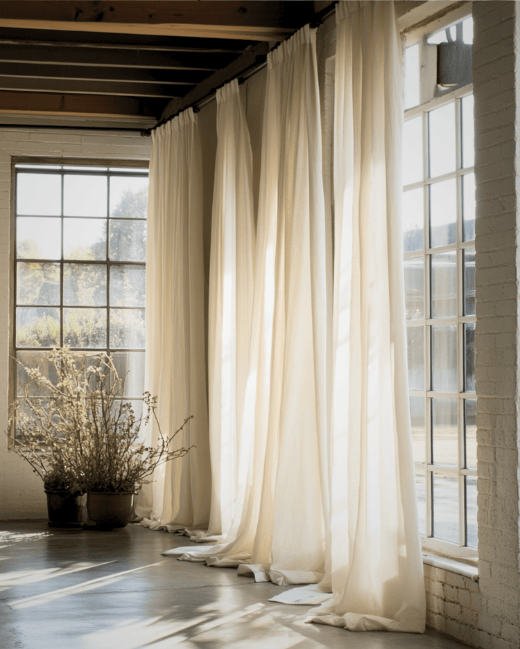 Extra long linen curtains pooling by tall windows in a bright room with soft daylight.