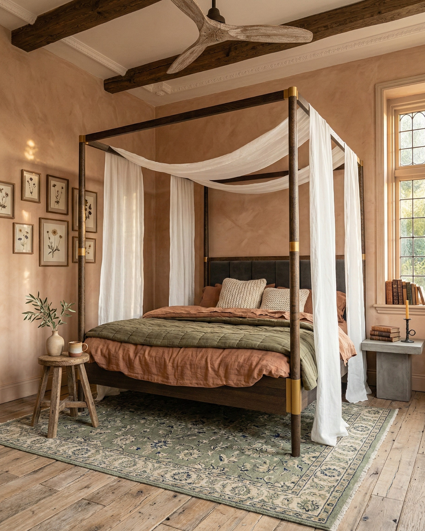 Linen canopy bed curtains in rustic four-poster bedroom