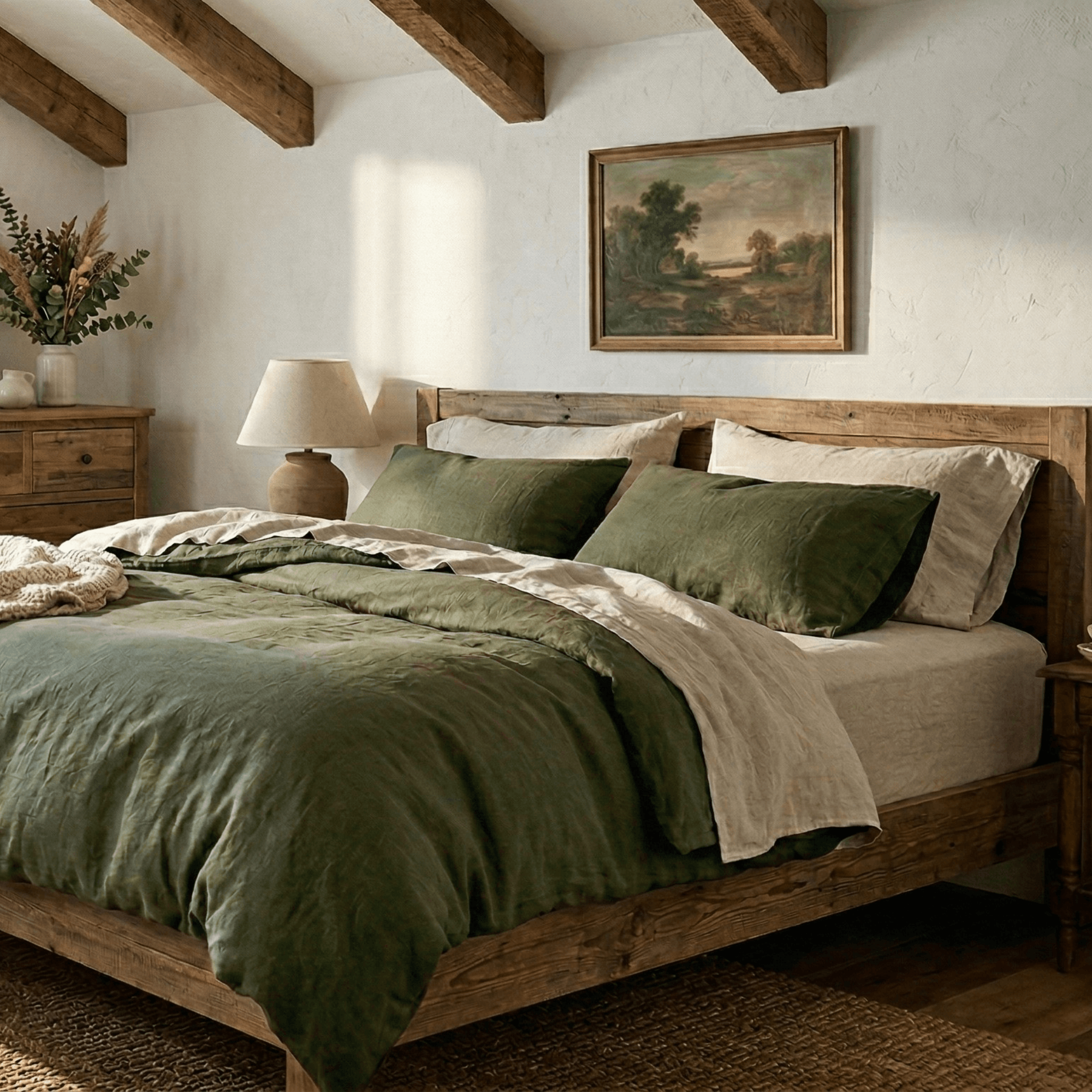 Green linen bedding set styled on a bed in a warm rustic bedroom