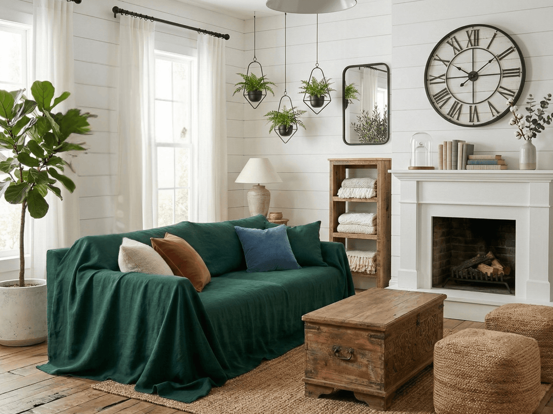 Green linen couch cover styled in a bright living room with natural decor