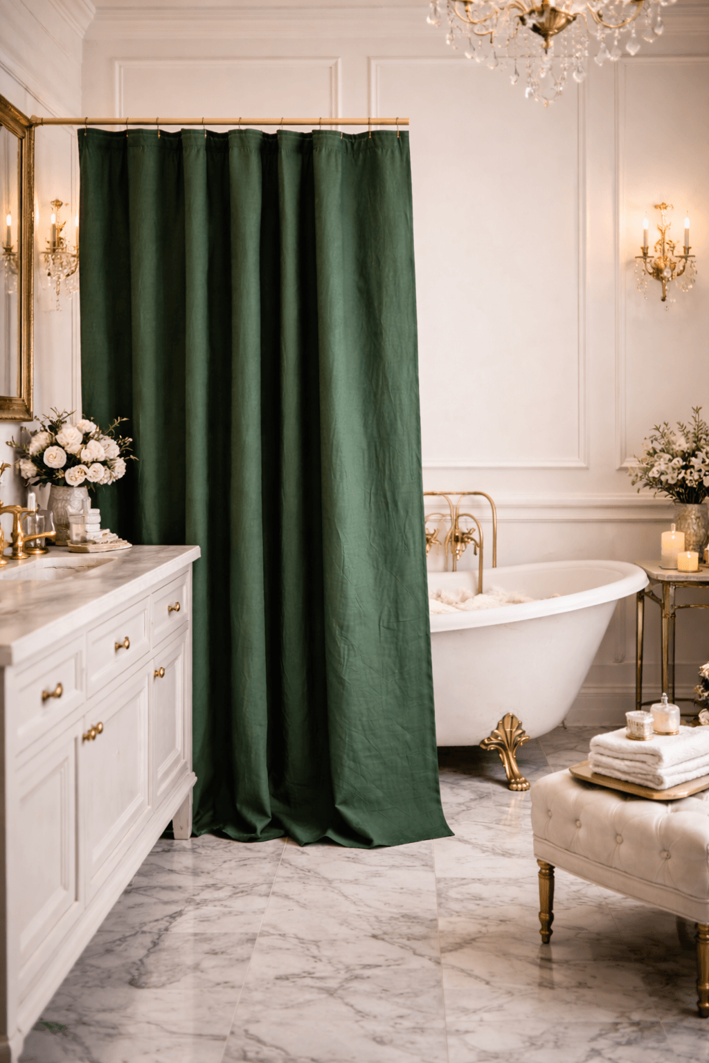 Green linen shower curtain styled beside a bathtub in a bright bathroom