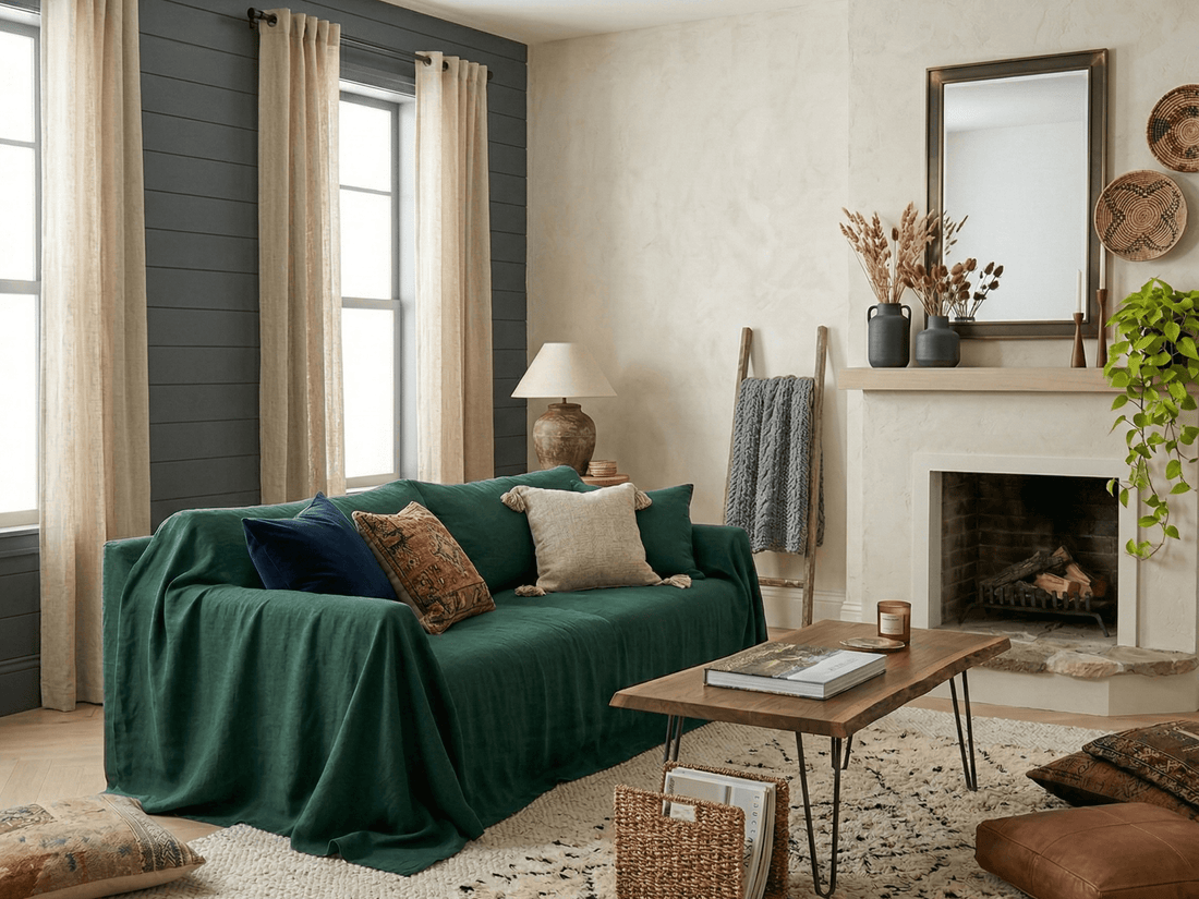 Green linen sofa cover styled in a cozy living room interior