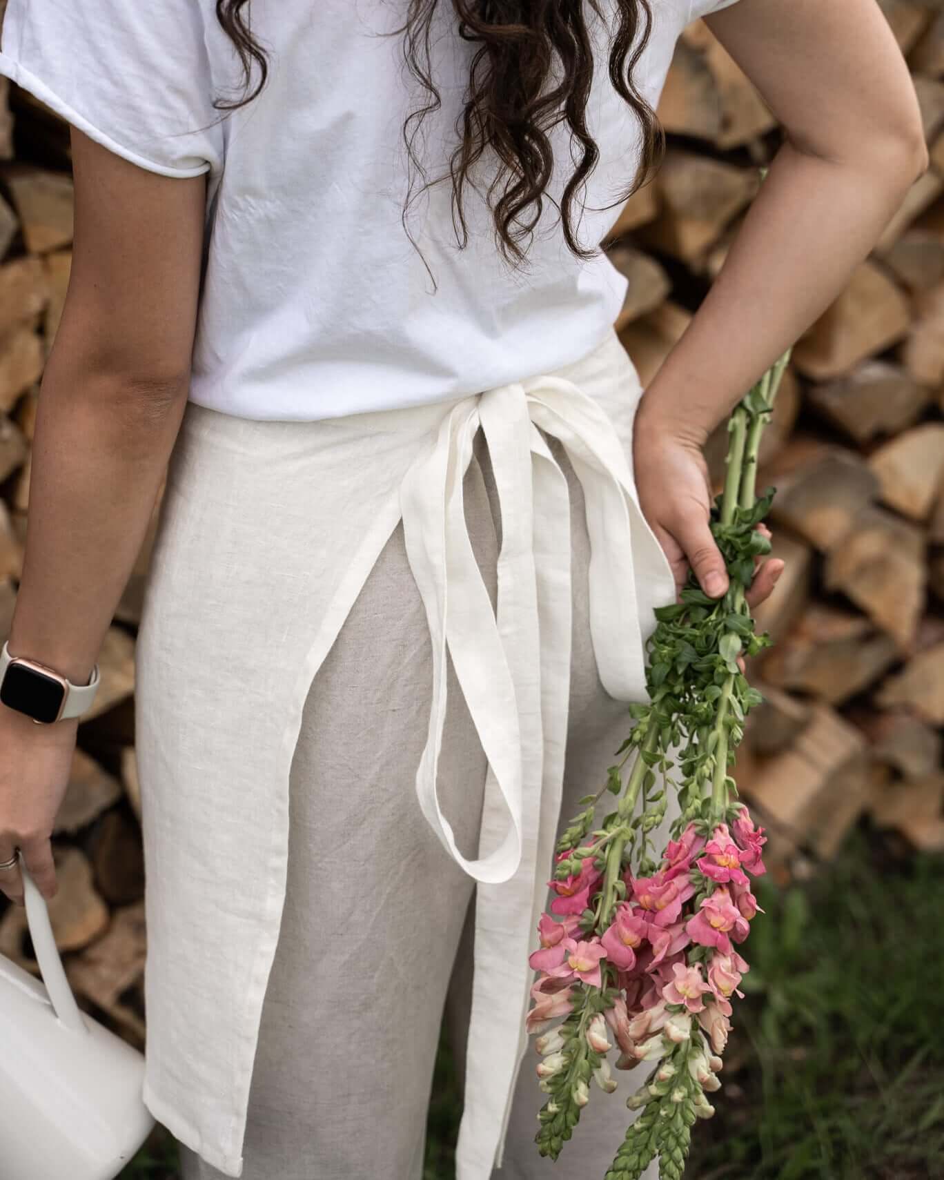 Linen half apron waist tie bow detail, softened linen