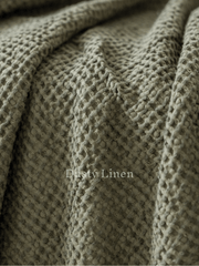 Large waffle blanket khaki green — texture close-up, linen-cotton blend
