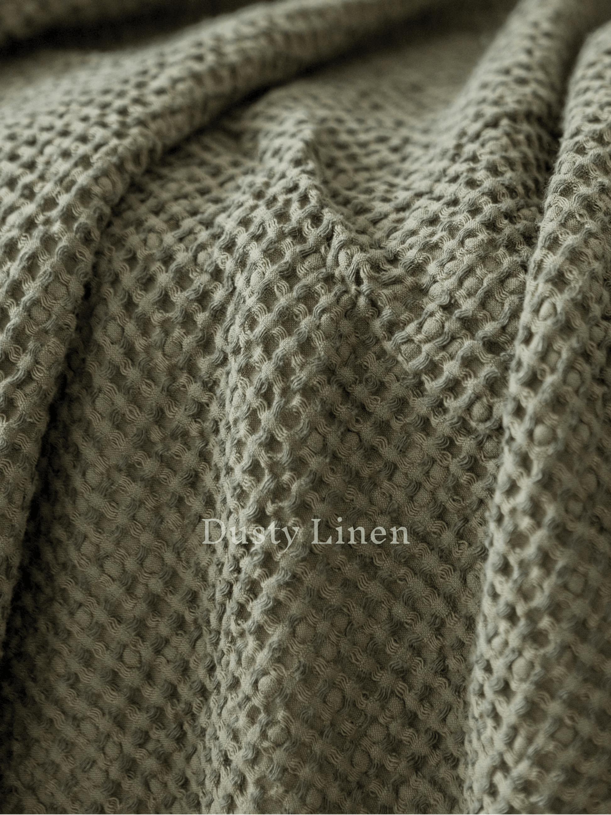 Large waffle blanket khaki green — texture close-up, linen-cotton blend